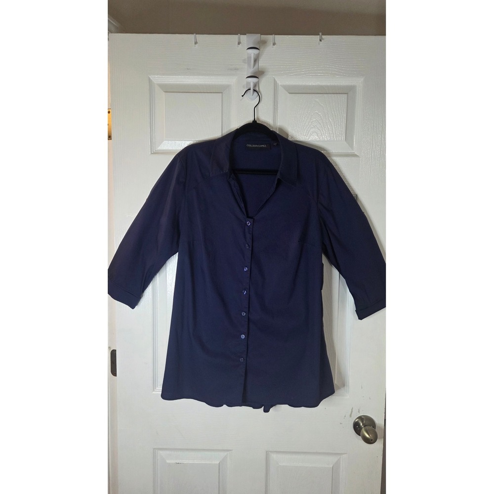 Colleen Lopez Navy Blue 3/4 Sleeve Button Down Peplum Tie Back Blouse Large